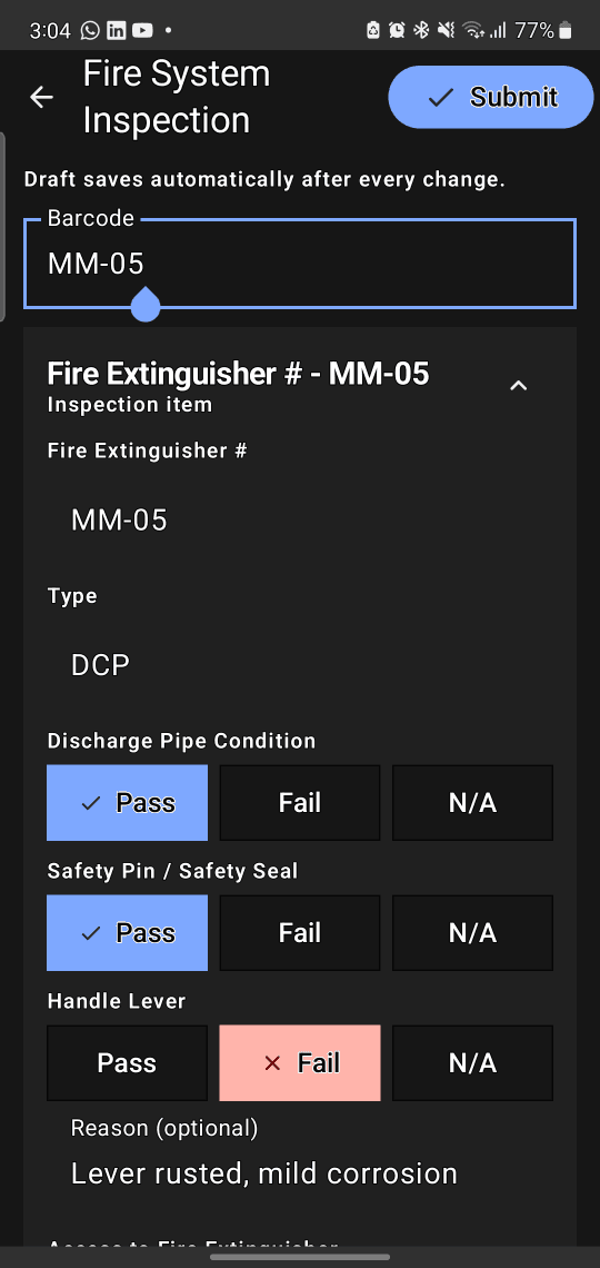SafeInspect Barcode Scanning Screen Content